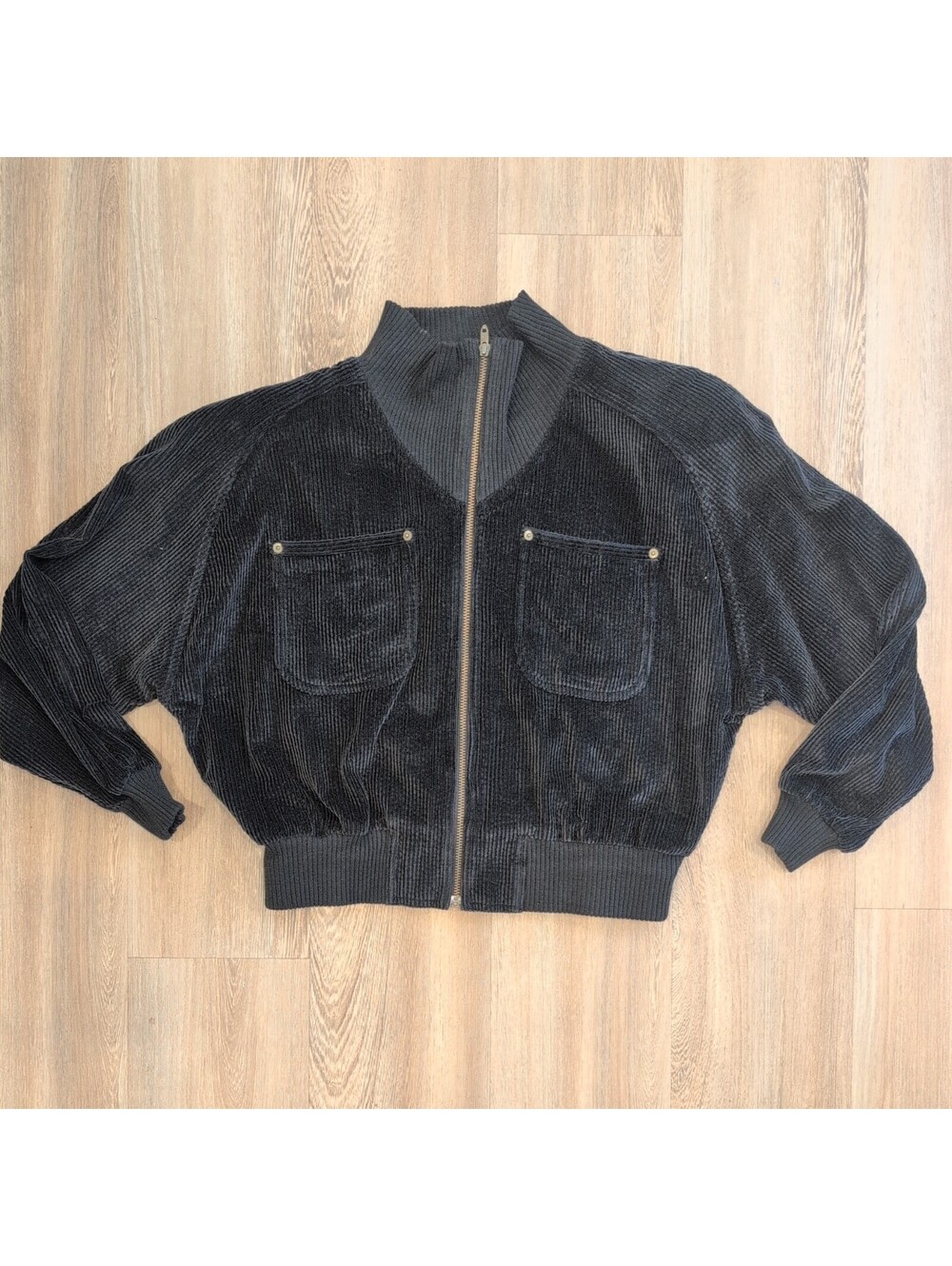 Vtg 90s Seattle gear Corduroy Bomber Jacket Black Wide Wale L mock neck cropped
